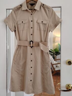 Brooks Brothers Tan Short-Sleeve Belted Shirt Dress
